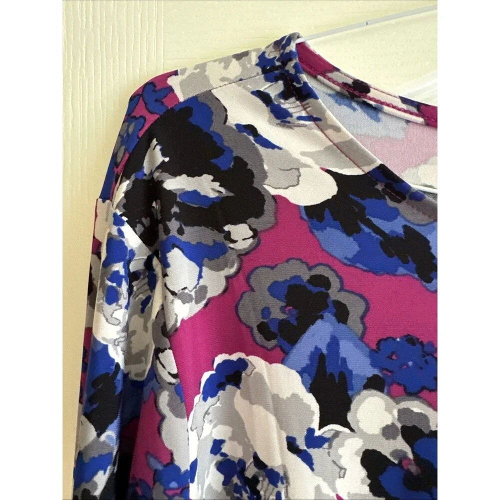 Kasper‎ Women Purple Blue Floral Crew-Neck Self-Tie Side Blouse Top Size XL